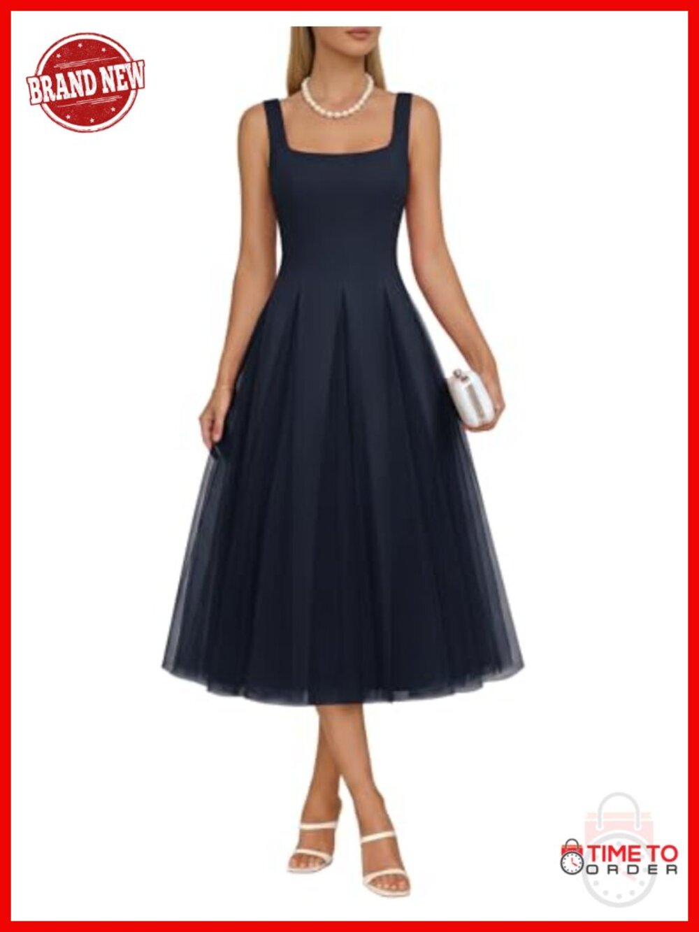 Aupuls Tulle Midi Formal Dress Square Neck A-Line Sleeveless